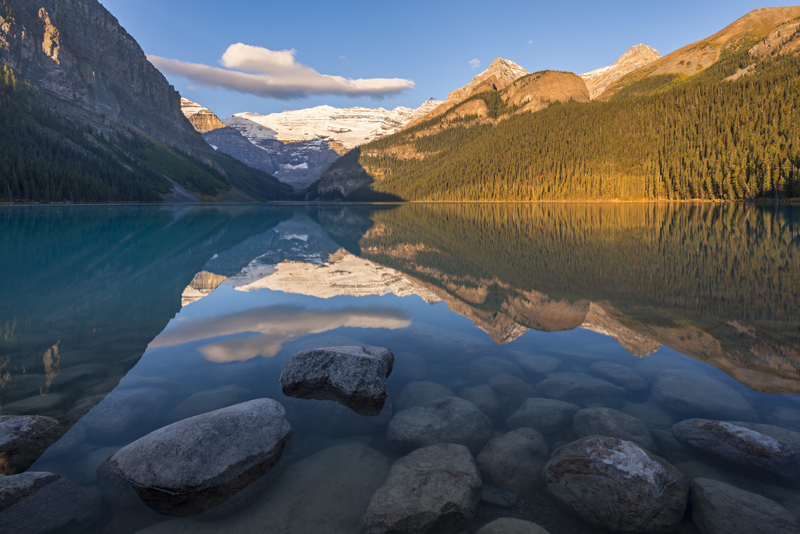 Early morning sunlight at Lake Louise in the Canadian Rockies, Banff National Park, Alberta, Canada. Autumn (September) 2015.